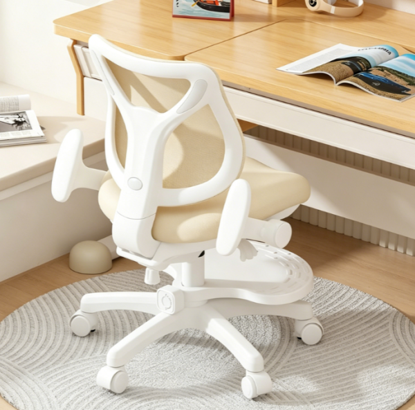 Beige Kids Study Chair with Adjustable Footrest, Flip Up Armrests and Mesh Backrest