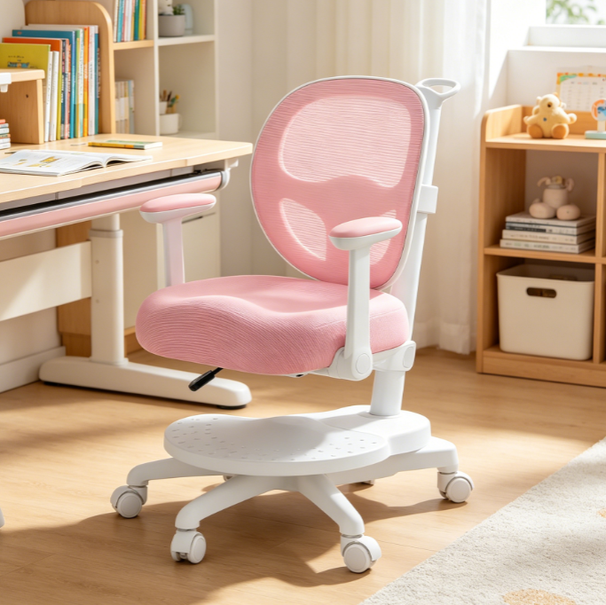 Pink Swivel Kids Desk Chair with Flip Up Armrest, Footrest and Height Adjustment